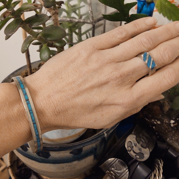 Vintage Jewelry - Vintage Mexican Sterling Silver & Turquoise Ring & Bracelet Set
